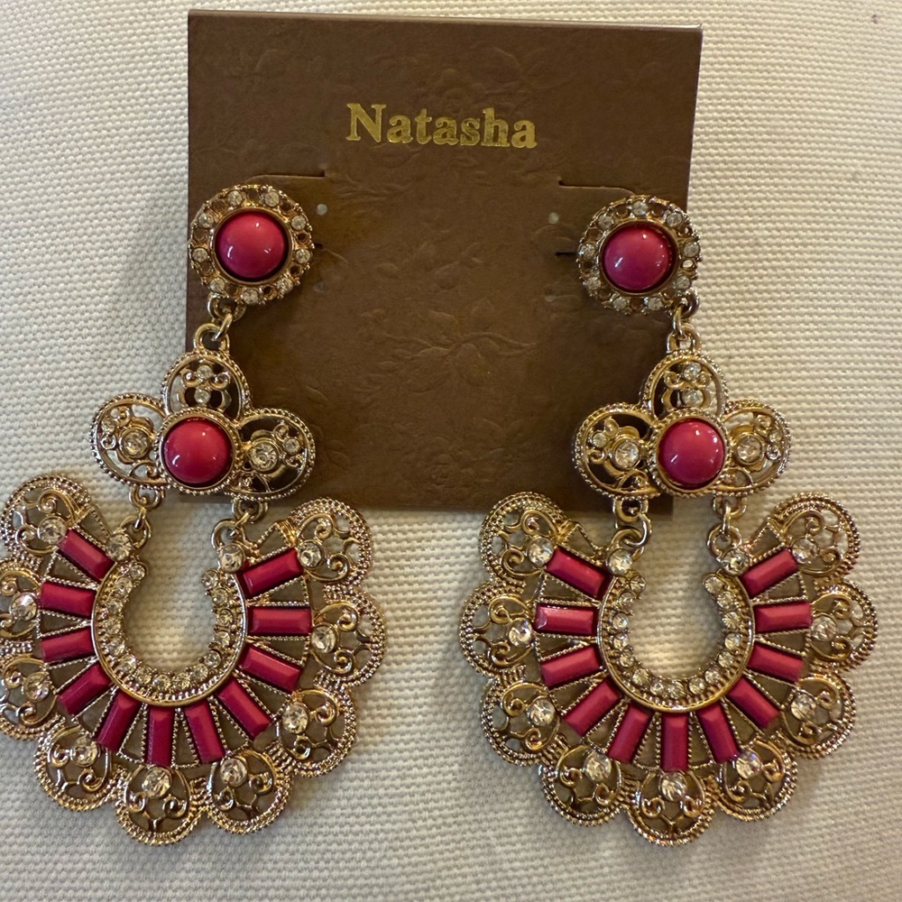 Natasha Couture Gold and Red Dangle Earrings